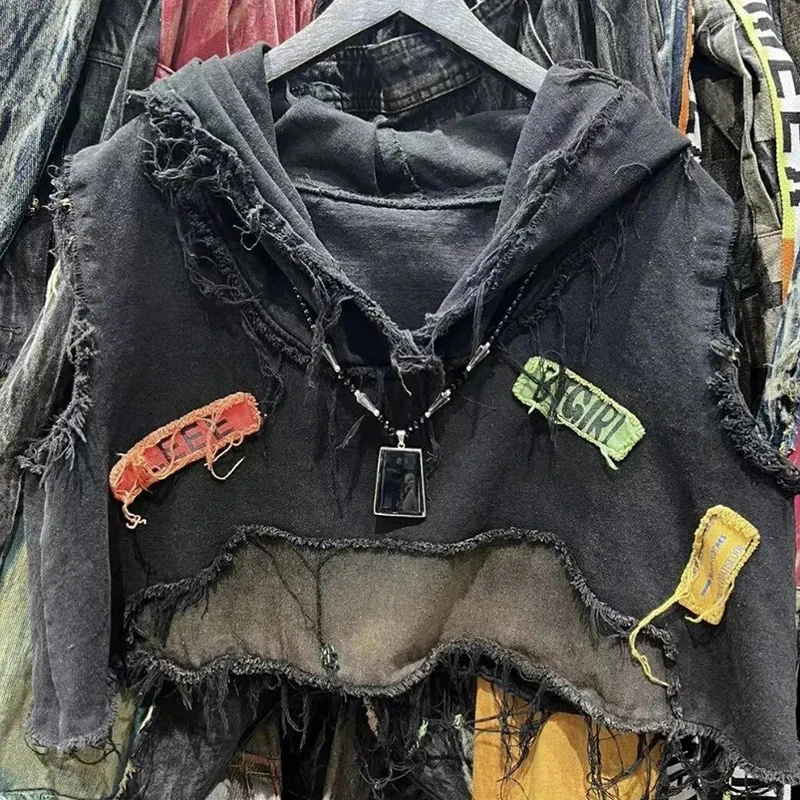 American Retro Street Denim Vest Women Hooded Patchwork Sleeveless Casual Tops Harajuku Dark Subculture Hole Broken Crop Vest