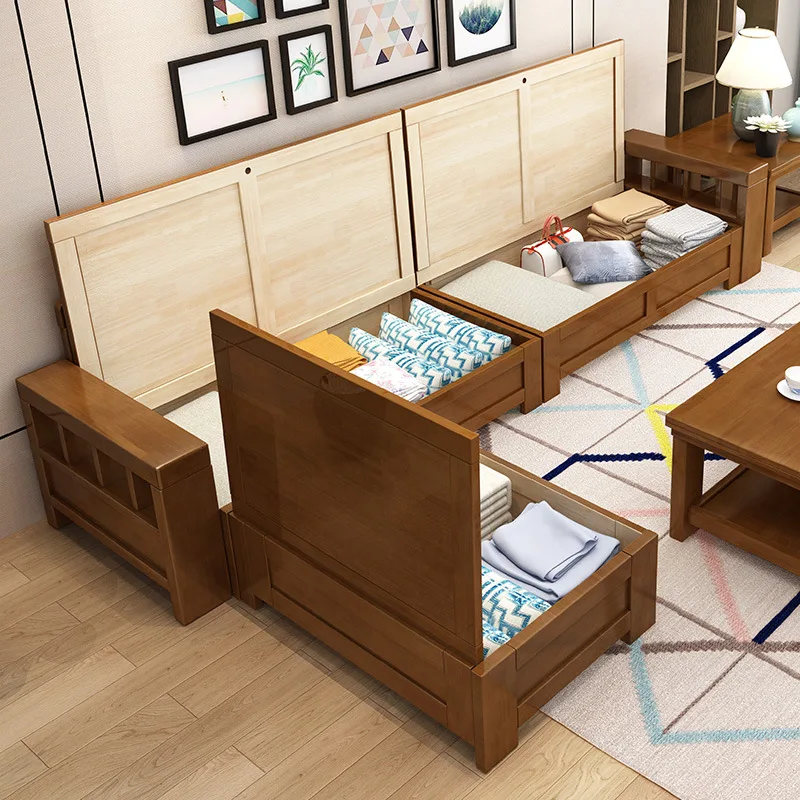 New Chinese-style solid wood corner sofa, concubine winter and summer dual-purpose, modern simple storage sofa