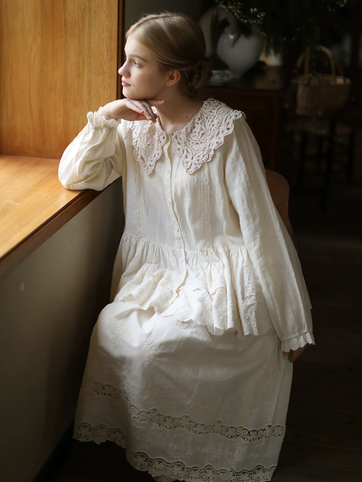 

Spring Summer Women Elegant Forest-style, Lace Collar, Accordion Pleat Baby Style, Loose Linen Shirts/Blouses