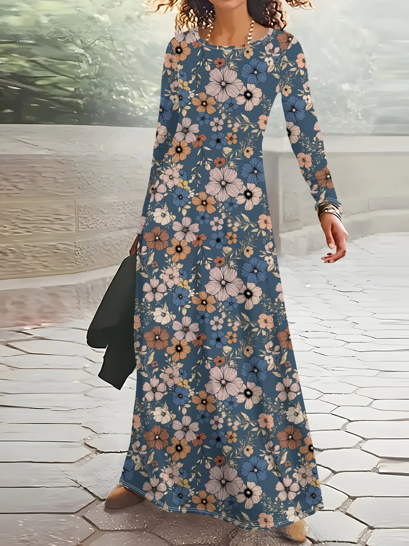 Lässiges Blumenprint-Kleid mit Langen Ärmeln für Damen Blauer Hintergrund Rundhals A-Linie Bodycon Midikleid Herbst Winter 2024 Mode