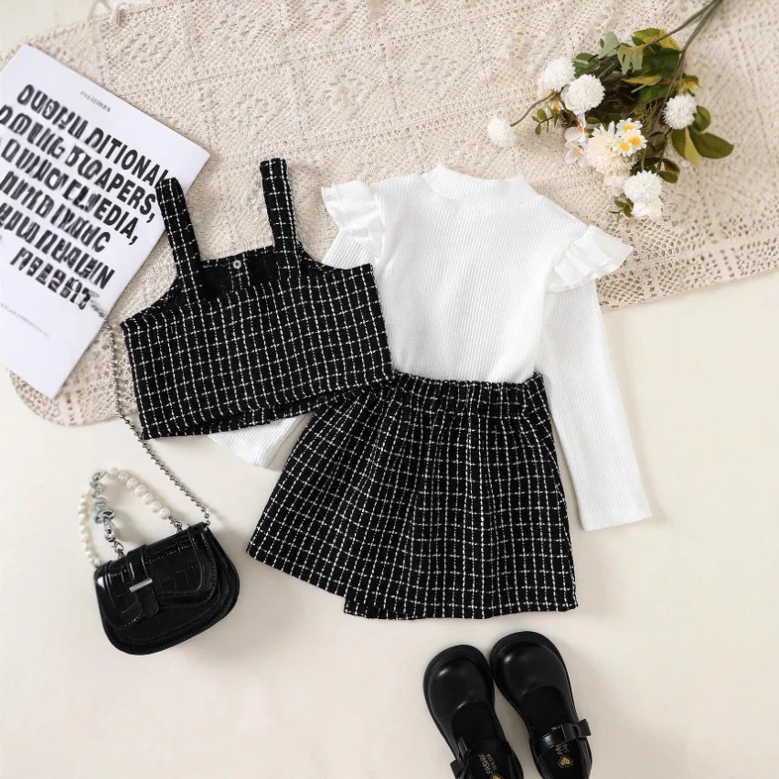 New Arrival Girls 3 Piece Set Ruffle Sleeve Undershirt + Camisole Tweed Top + Plaid Mini Skirt Kids Fashion Outfits 2-7Y