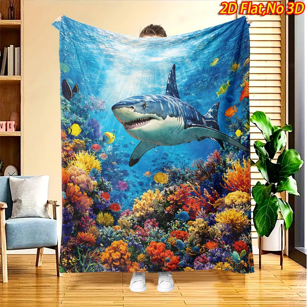Clear Blue Seawater Background Giant Shark Vibrant Coral Tropical Fish Ocean Scenery Full Print Fluffy Blanket Warm Couch Cover