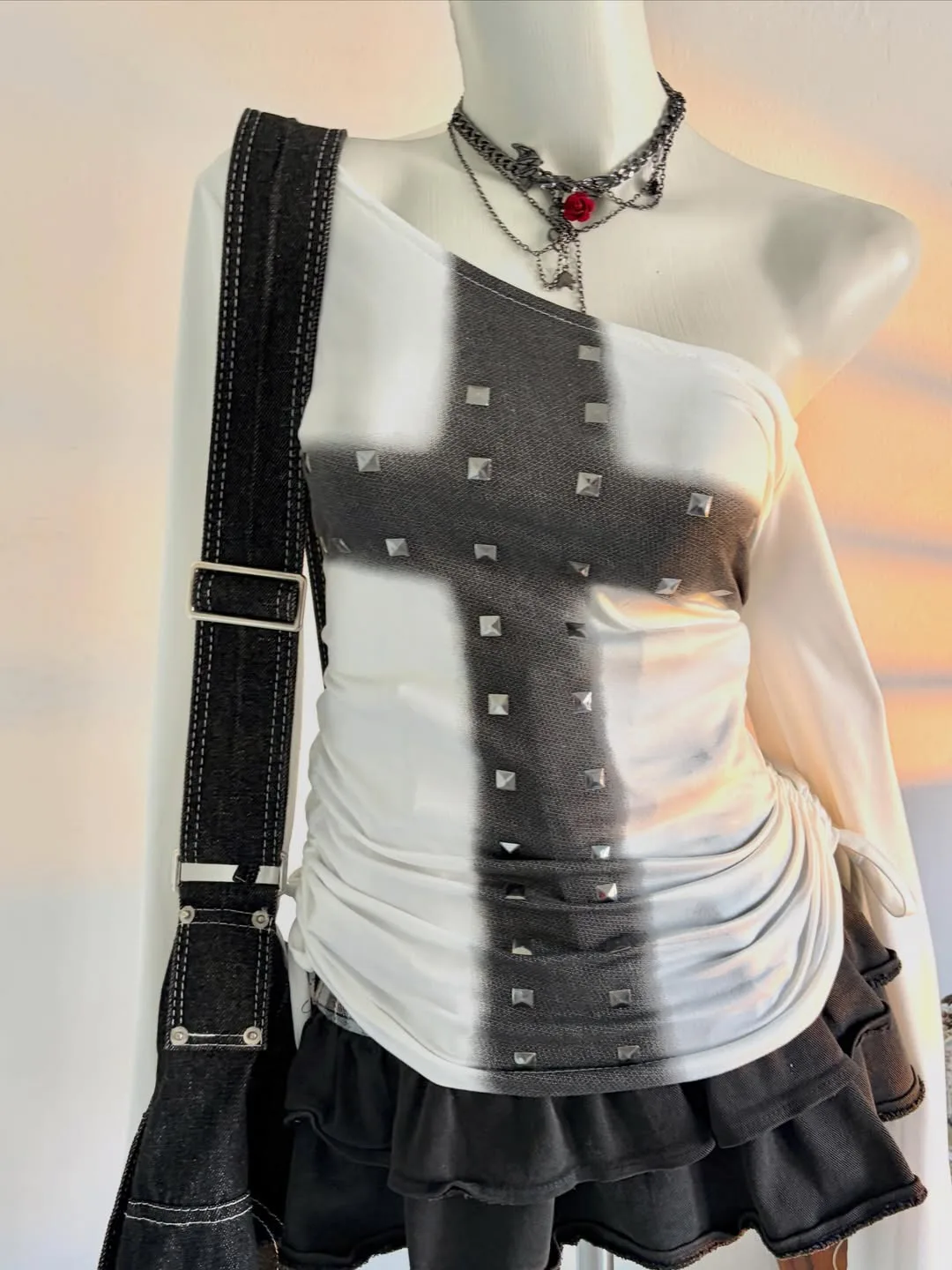Gothic Alt Women Cross Studded Asymmetric One Shoulder Top Single Long Sleeve Side Tie Ruched White Y2K Grunge Tee