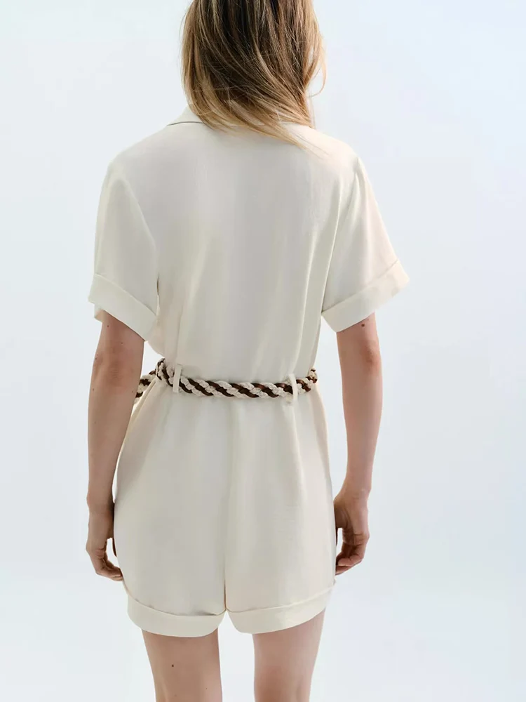 Letni Nowy Damski Kombinezon z Wysokim Stanem, Paskiem, Wyszczuplający, Tkany, Model 50298 Ele Par Dr