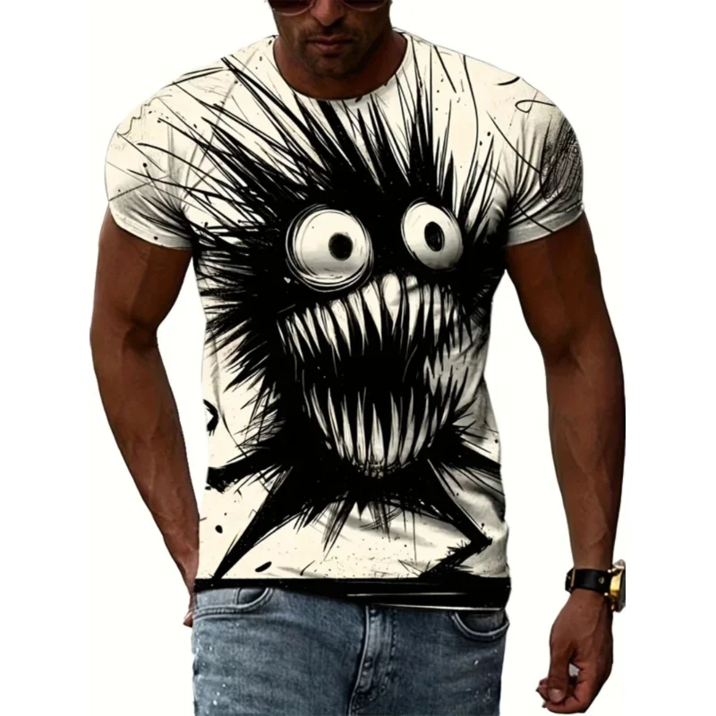 Men's Monster Graphic Print Short Sleeve Crew Neck Tee, Men's Clothing For Summer Soft Slight Stretch Polyester Blend Fabric