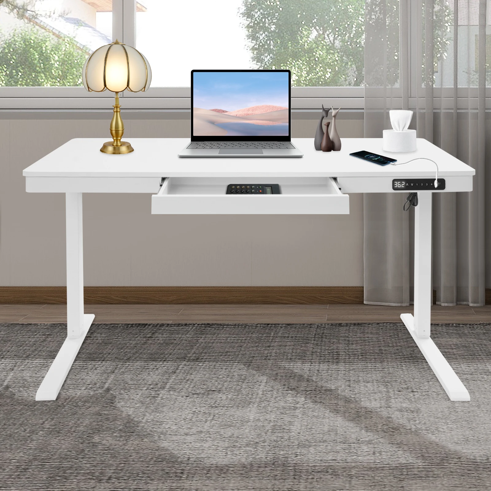 Elektrisch höhenverstellbarer Stehschreibtisch mit Schublade, Stauraum und USB-Anschlüssen, ergonomischer Schreibtisch für das Homeoffice