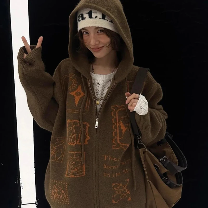 

American Vintage Hooded Knit Sweater Women Long Sleeve Loose Lazy Cardigan Spring Fall Gothic Street Casual Warm Harajuku Top