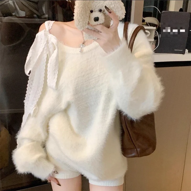 

Милый вязаный свитер с открытыми плечами, женский свободный шикарный пуловер с ленивым ветром и бантом, мешковатые повседневные трикотажные джемперы с длинными рукавами, новинка