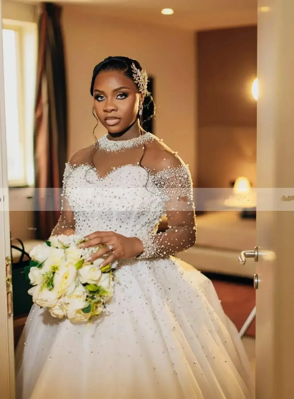 Aangepaste Glanzend Kralen Parels Arabische Aso Ebi Trouwjurk Lange Mouwen Vestidos De Novia Corset Terug A-lijn Bruidsjurken