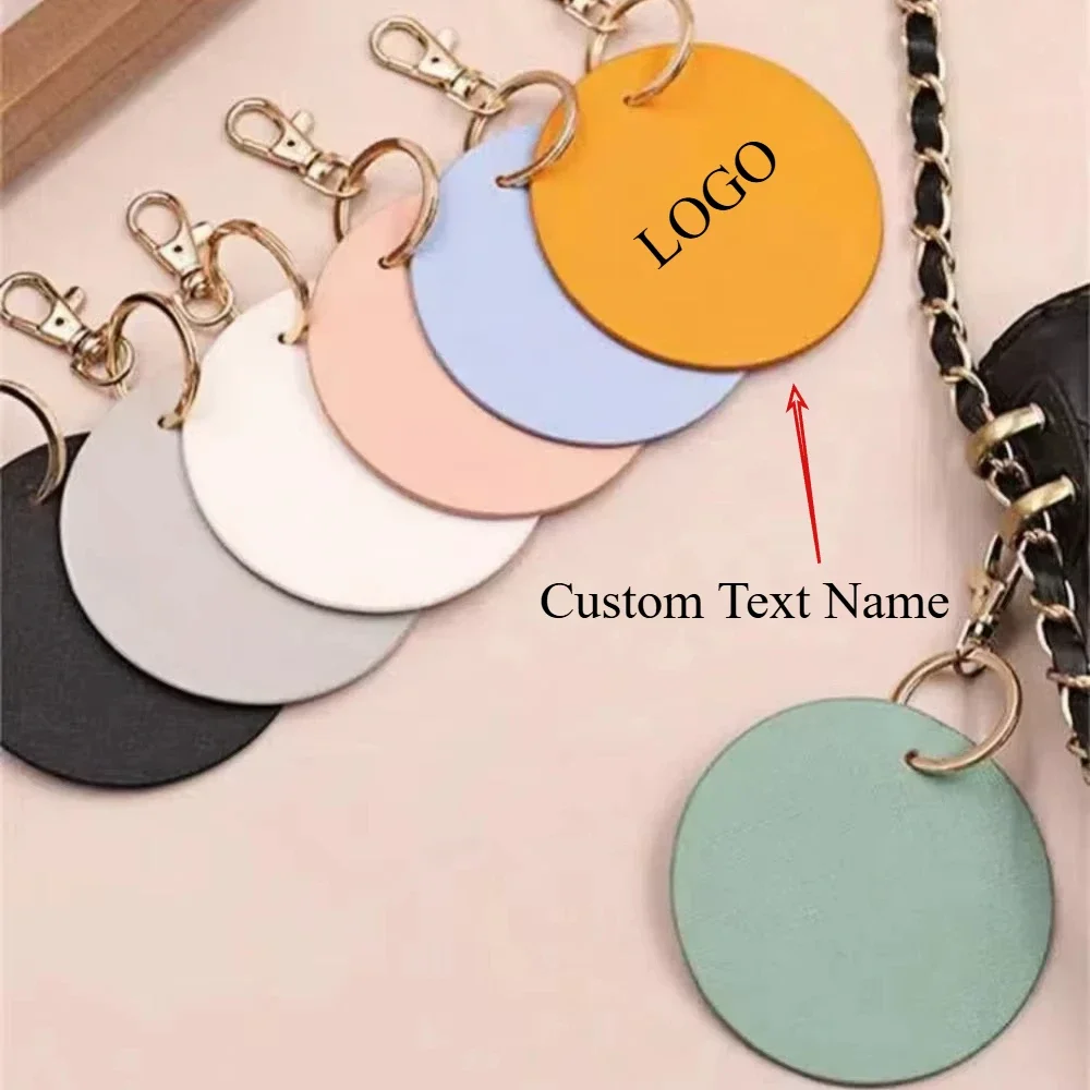 

Custom Name LOGO Personalized Round Leather Keychain Clip UV Printing Color Key Ring Chain Carving Pendant Bag Keyring Gift