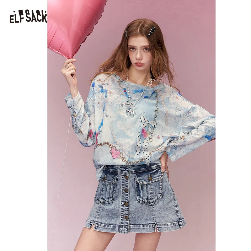ELFSACK Y2K Long Sleeve Top for Women, Full Print Chain & Bow Graphic T-Shirt, Oversized Loose Fit