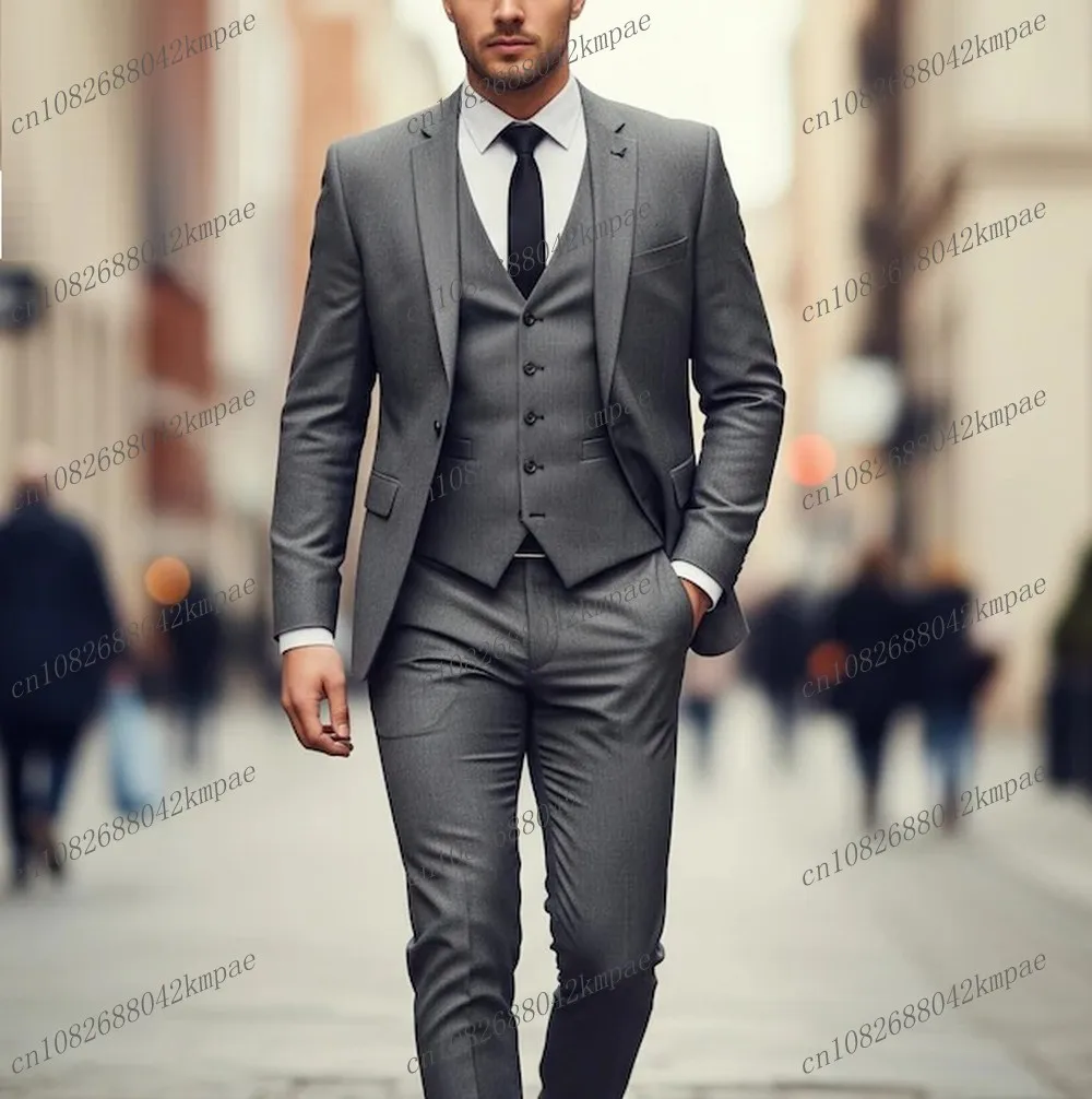 

New Grey Formal Men Suit Groom Groomsman Wedding Party Prom Business Male Tuxedos 3 Piece Set Blazer Vest Pants