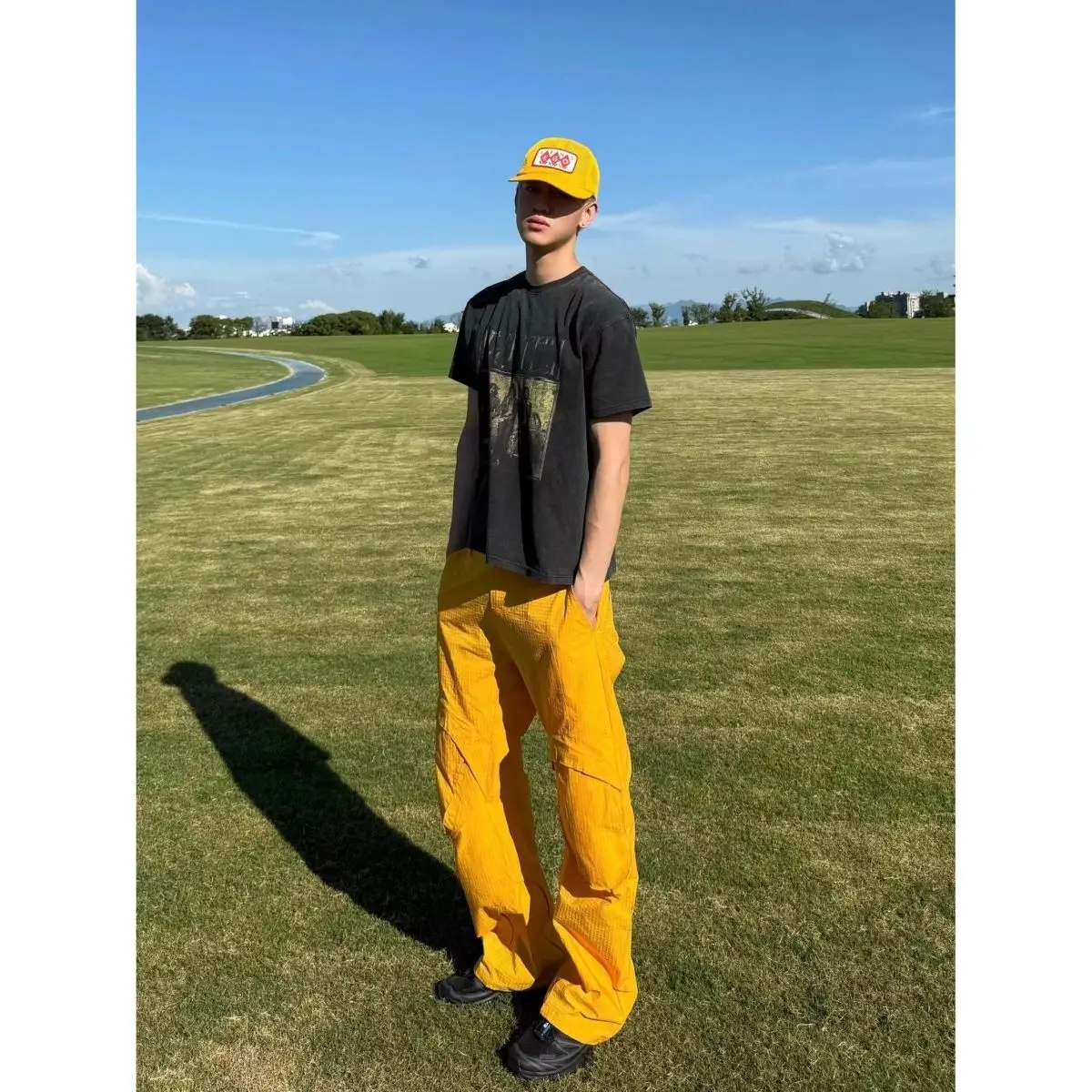 Men's Patchwork Design Yellow Sweatpants Y2k Street Bottom Young Boy Casual Pants Male High Waist Loose Trousers