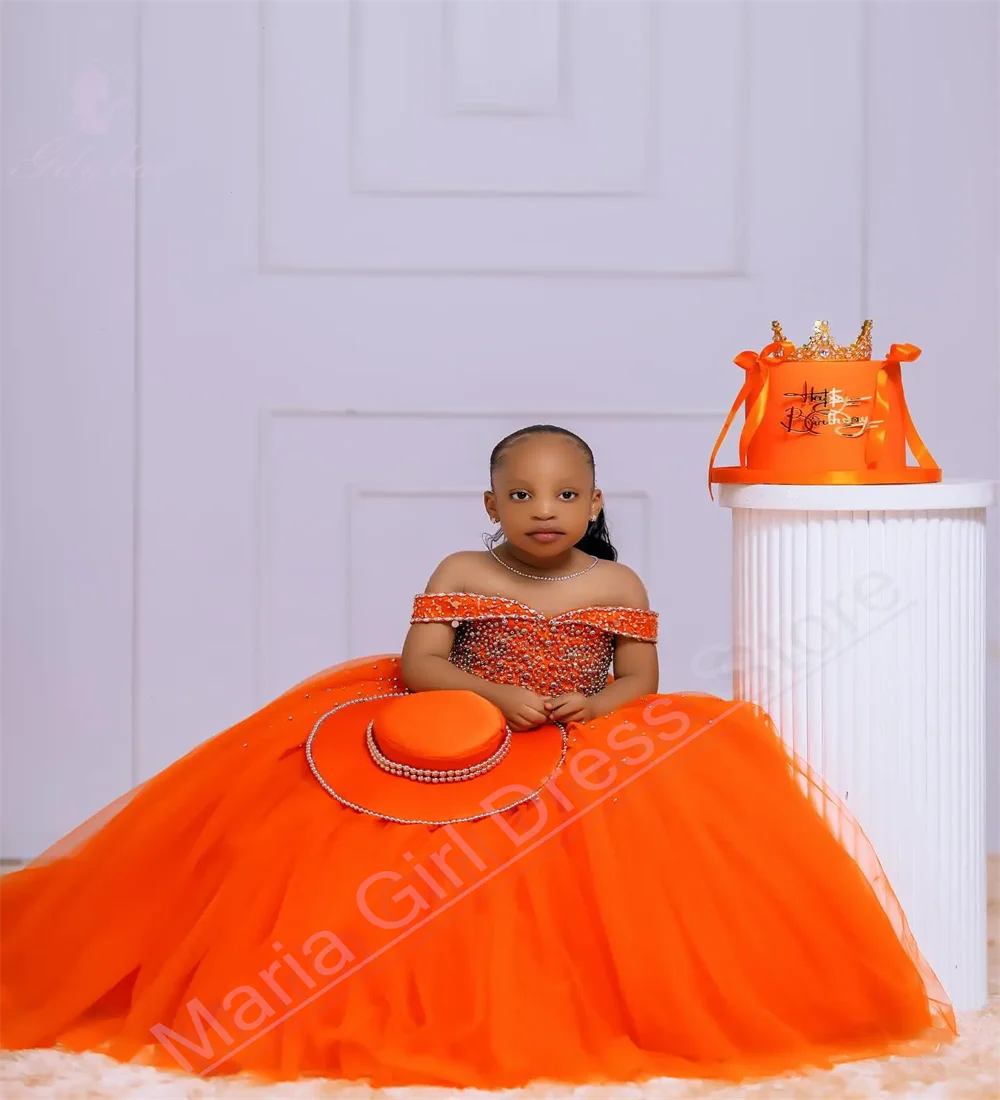 ثوب الكرة البرتقالية للفتيات كريستال مزين زهرة فتاة فستان الزفاف مناسبة رسمية ملابس الحفلات