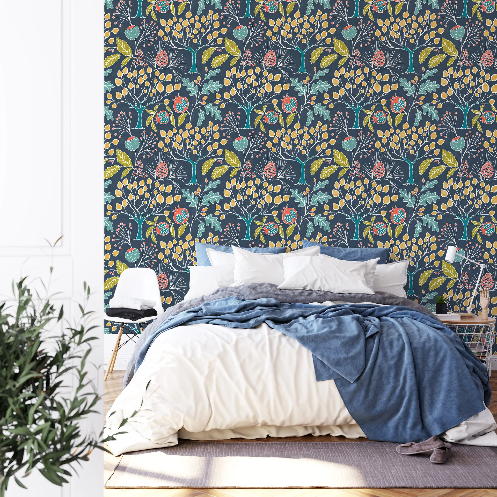 Navy Blue Self Adhesive Wallpaper Leaf Tree Removable Contact Paper Vintage Floral Peel and Stick Wallpaper for Kitchen Bathroom