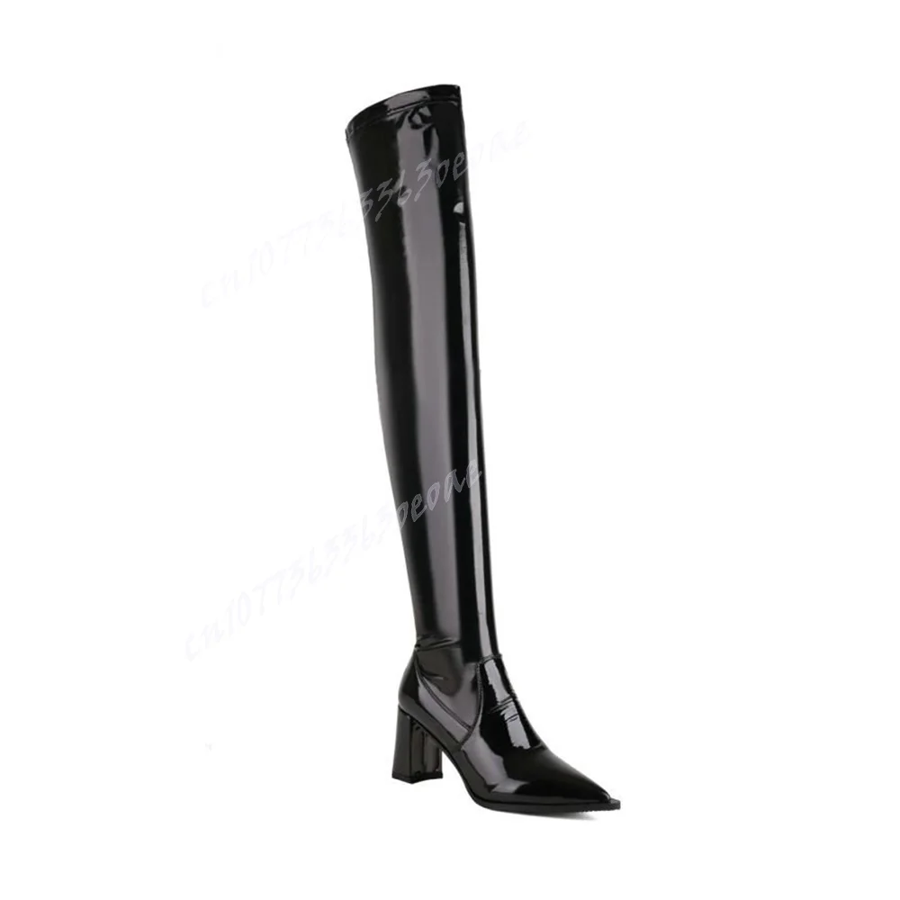 Skintight Patent Leather Boots Pointed Toe over the Knee Boots for Women Chunky High Heels  Boots  2024 Zapatos Para Mujere