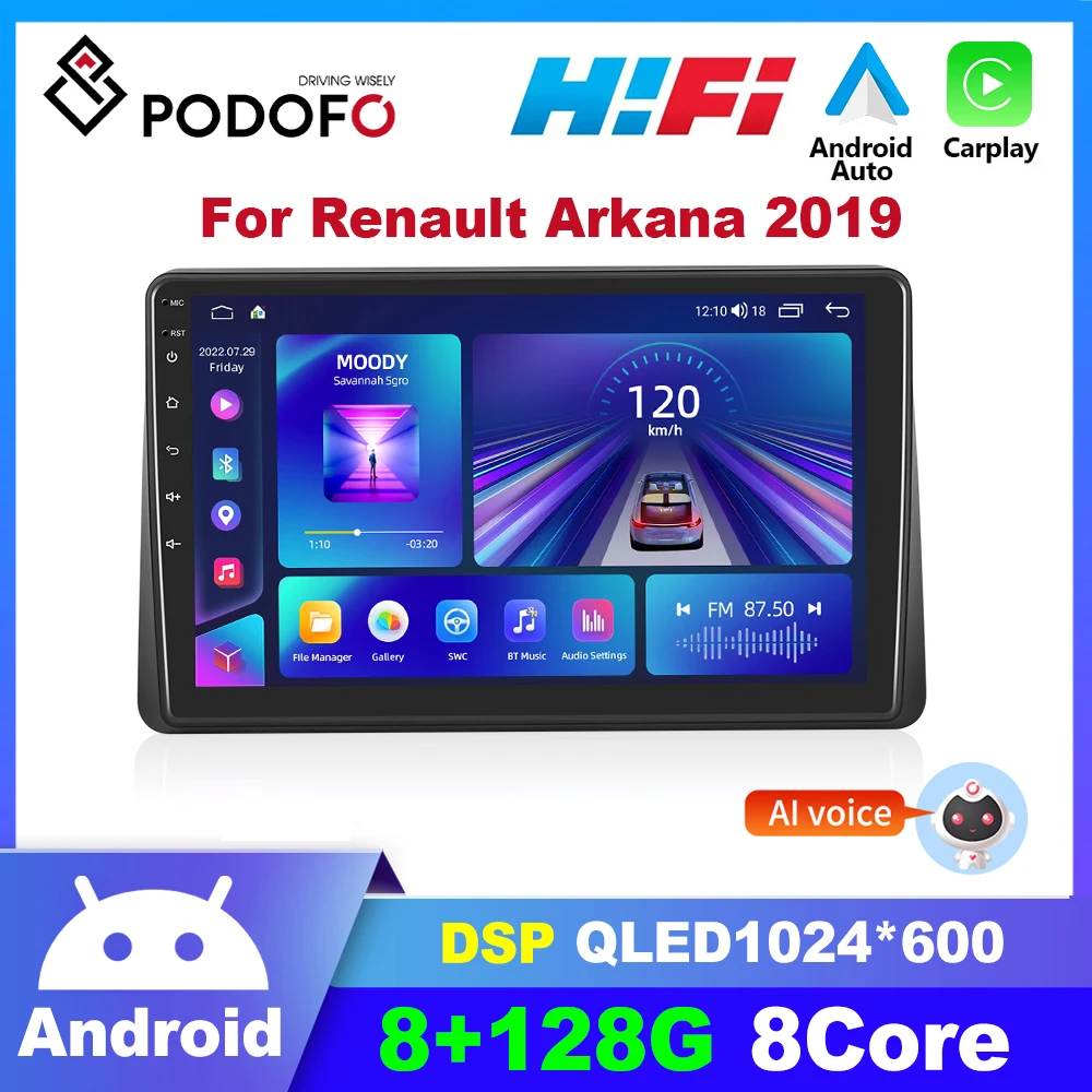 

Podofo AI Voice 8G+128G Android 2 din Car Multimedia palyer Radio for Renault Arkana 2019 CarPlay Car audio GPS DSP autoradio