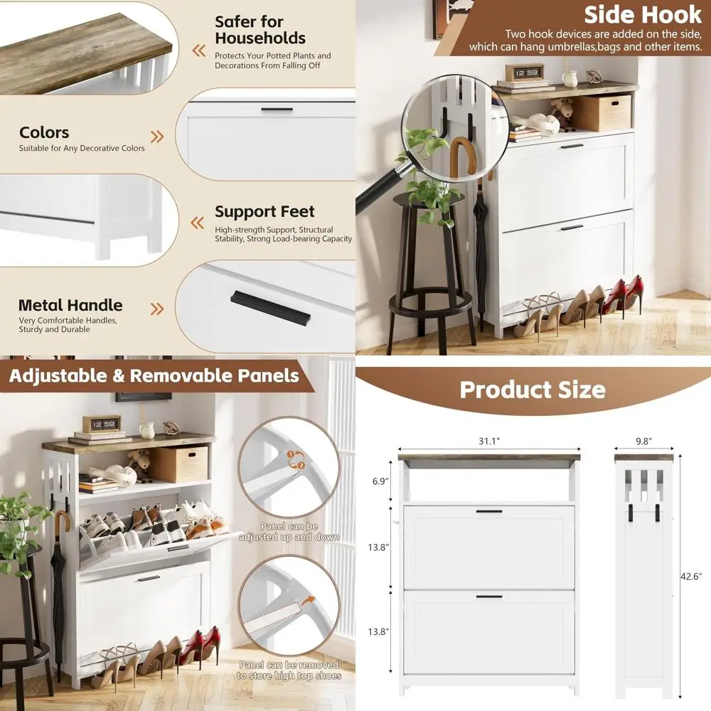 

Classic White Shoe Cabinet with 2 Rattan Drawers and Adjustable Shelves for Entryway Shoe Storage