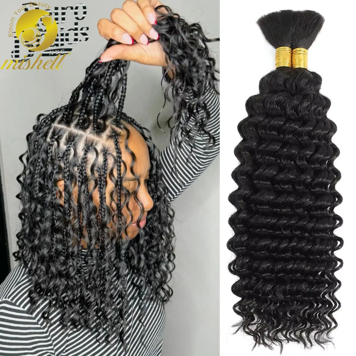 Human Braiding Hair Deep Wave Bulk Human Hair No Weft 100% Unprocessed Virgin Bundle Micro Human Braiding Hair for Boho Braids
