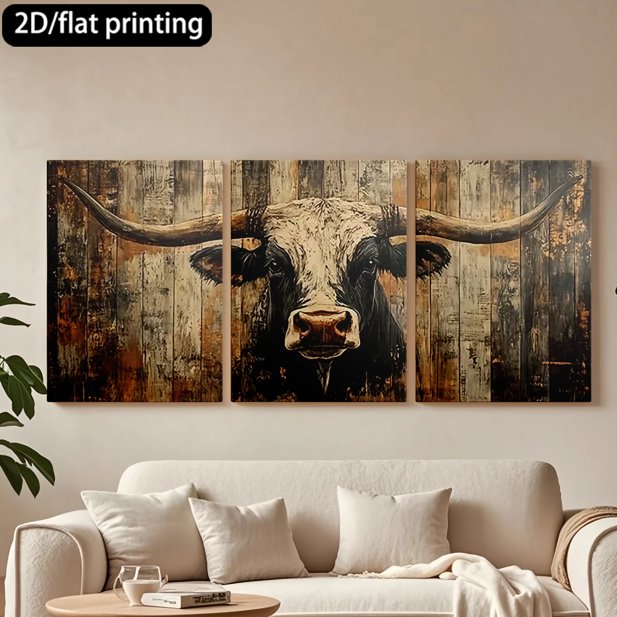 

2D flat printing 3pc wooden frame canvas decorative painting Longhorned cow portrait, rustic bg.
