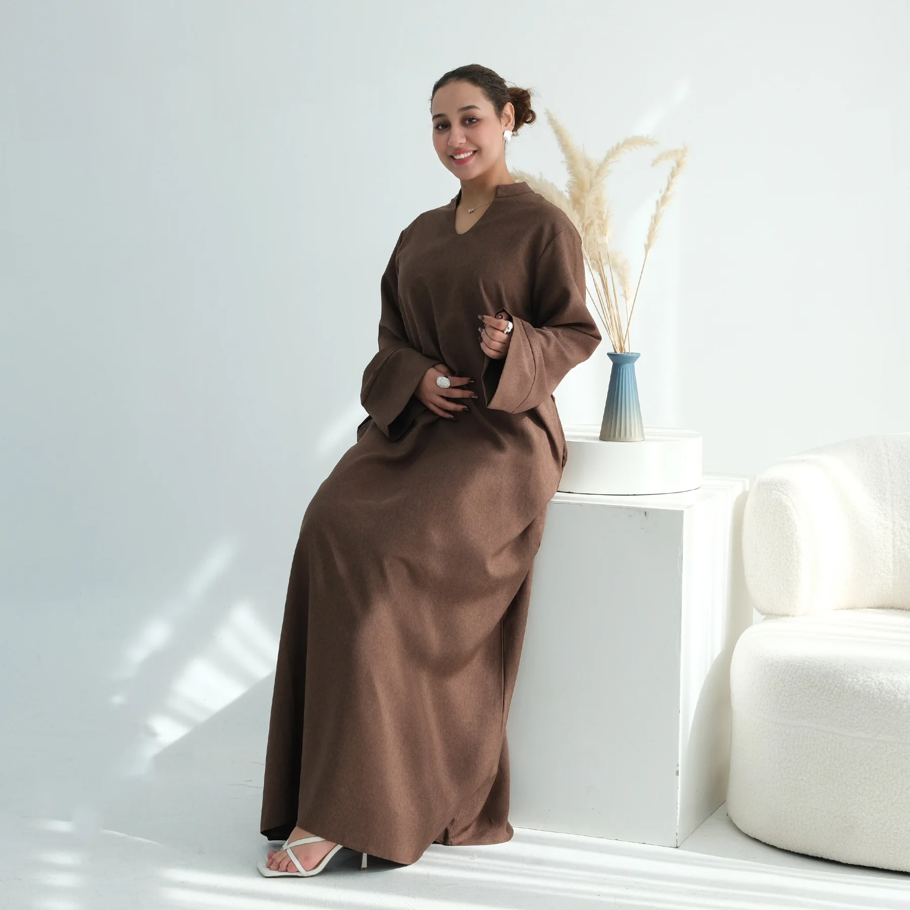 Mode Dubai V-ausschnitt Abaya Kaftan Muslimische Frauen Arabisch Lange Kleid Robe Modest Islam Kleidung Türkei Femme Musulmane Solide Farben