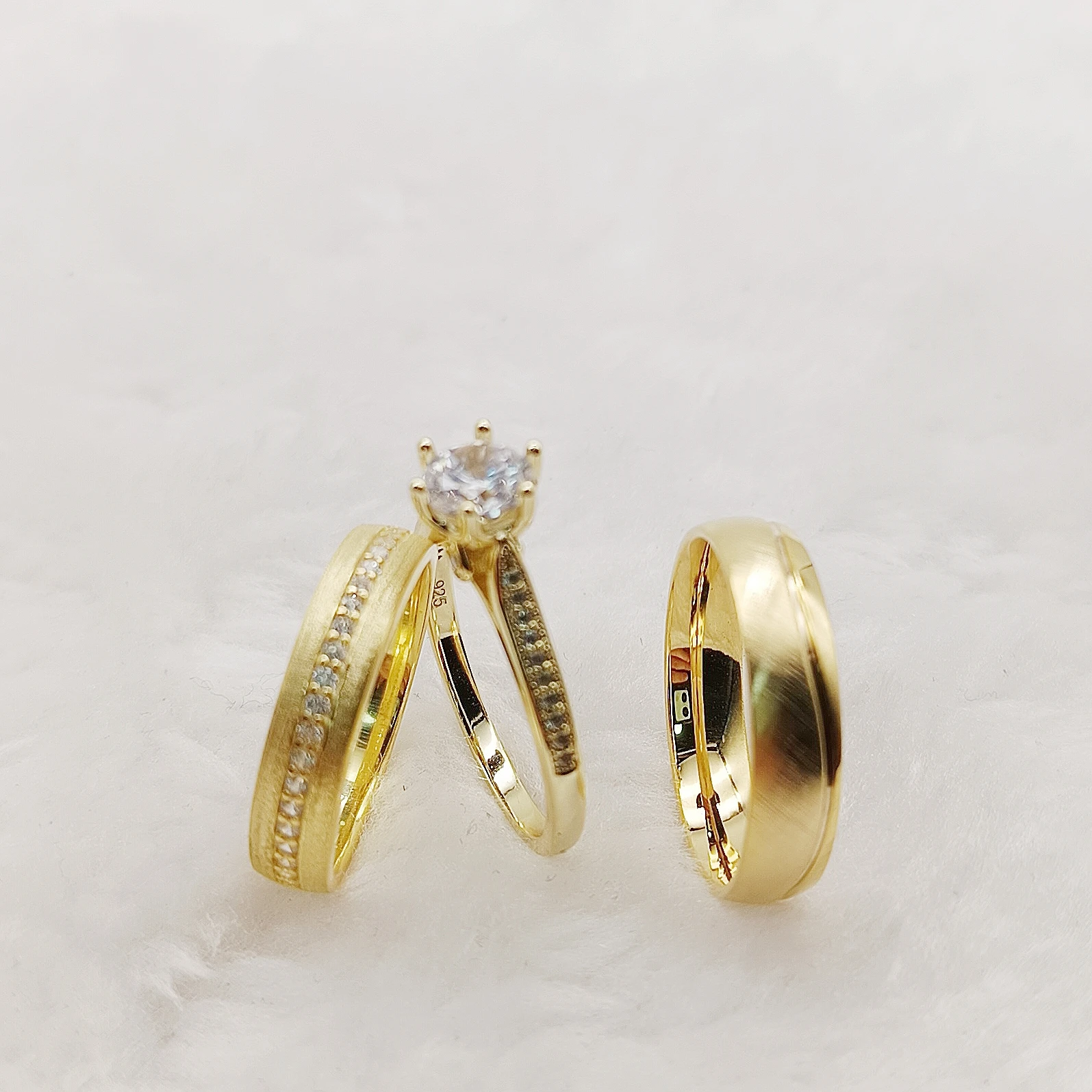 Lover Alliance 3pcs Cz Diamond Wedding Engagement Rings Men Women Real 925 Sterling Silver Jewelry 14K Gold Plated Couple Ring