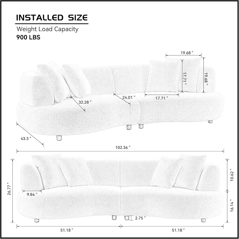 أريكة مقطعية منحنية معاصرة بأربعة مقاعد من قماش Boucle مع وسائد وأرجل خشبية لمقعد غرفة المعيشة الحديثة #2
