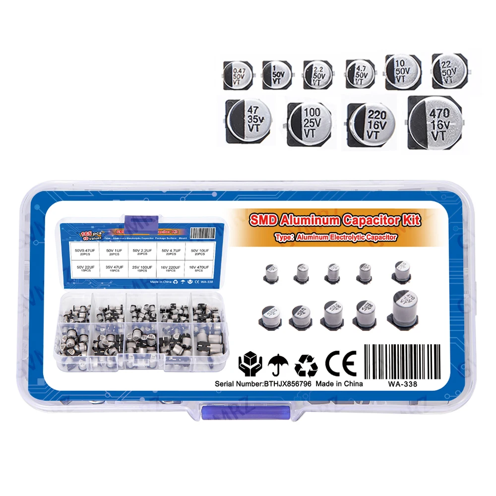 165PCS 10Values SMD Aluminum Electrolytic Capacitor Sample Box - Assorted Kit for Electronics DIY Repair Projects Component