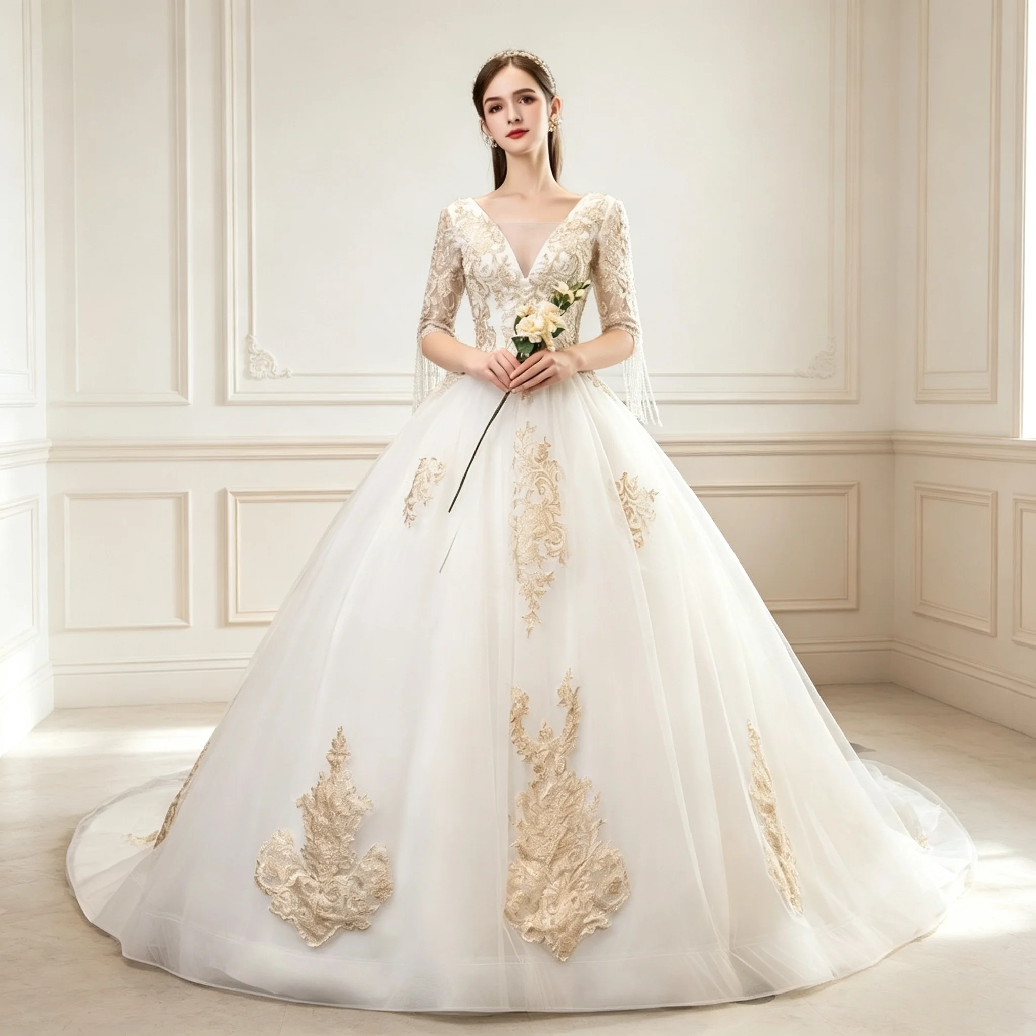 Champagne Gold Heavy Lace Tassel Mid-Sleeve Wedding Dress  Bride Main Gown V-Neck Ball Gown Train French Luxury Palace Style Bri
