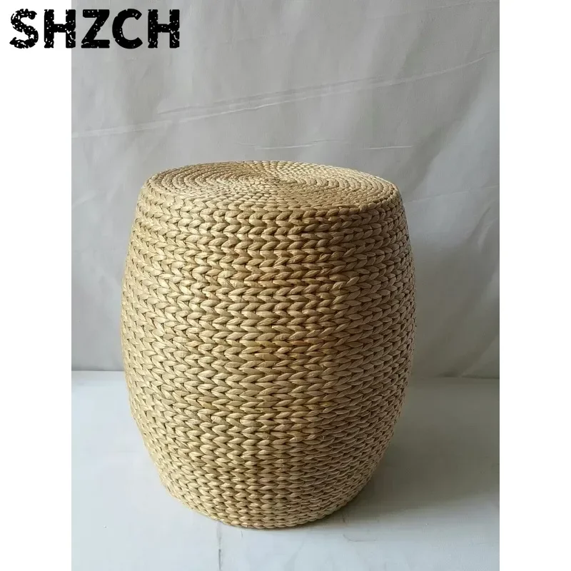 Hand-Woven Rush Grass Stool Natural Rattan Seat with Wooden Frame Boho Farmhouse Home Decor Vintage Stool Rustic Furniture Gift