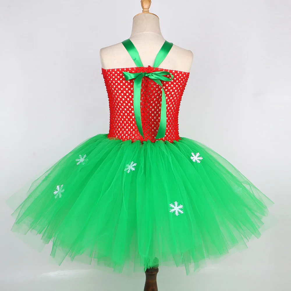 Vestido tutú de árbol de Navidad rojo y verde para niñas, disfraces de Carnaval de Navidad para niños, traje de vacaciones de Año Nuevo con medias con lazo para el pelo