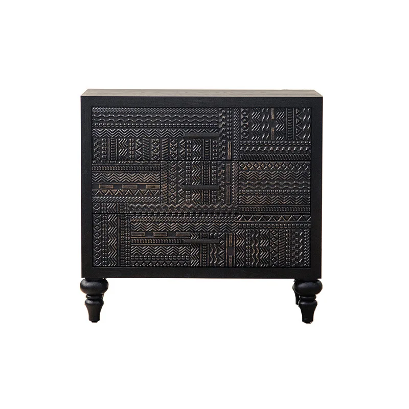 

American retro engraved edge cabinet, black chest , old solid wood dining side, living room entrance decoration