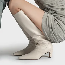 Arden Furtado 2025 Autumn White Cowhide Knee high boots Square-head Slip-on Chunky heels Modern boots Simple style Knight boots