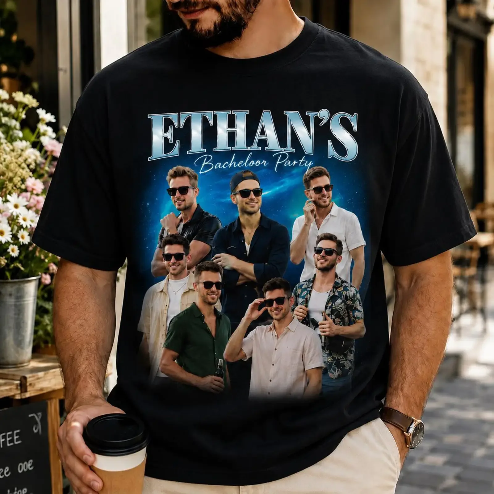 Personalisiertes T-Shirt mit Gesichtsdruck für den Bräutigam auf der Junggesellinnenparty, lustiges Foto-Outfit für die Gruppe, Reise-Outfit für die Crew, Vintage-Washed-Designer-Kleidung