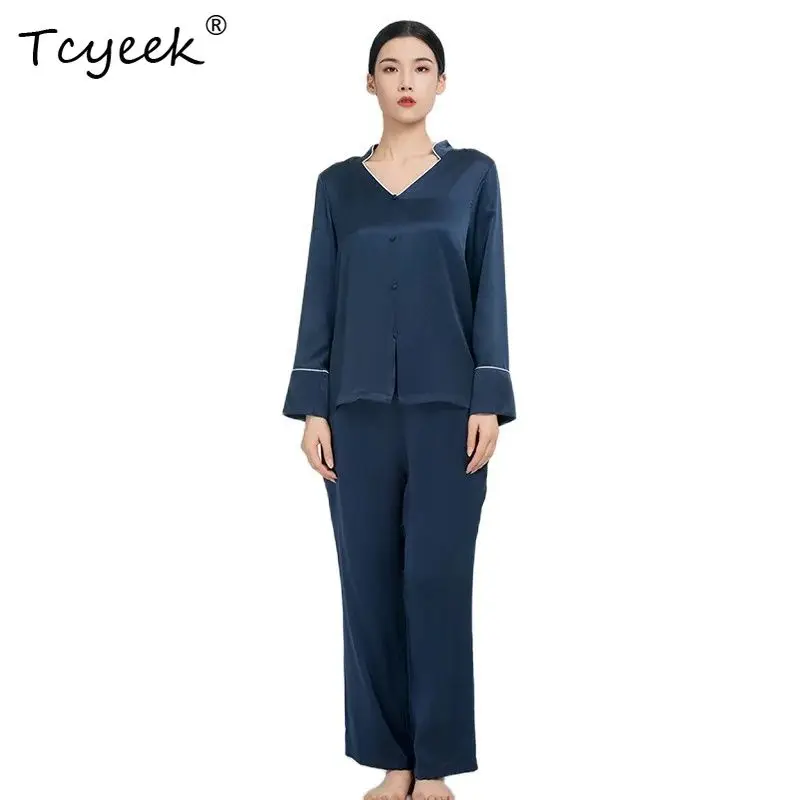 

Tcyeek, 19MM 100%Real Silk Pajamas Sets, Women Long Sleeve Solid, Elegant 2024 Summer Autumn New Sleepwear Pyjamas S479122QC
