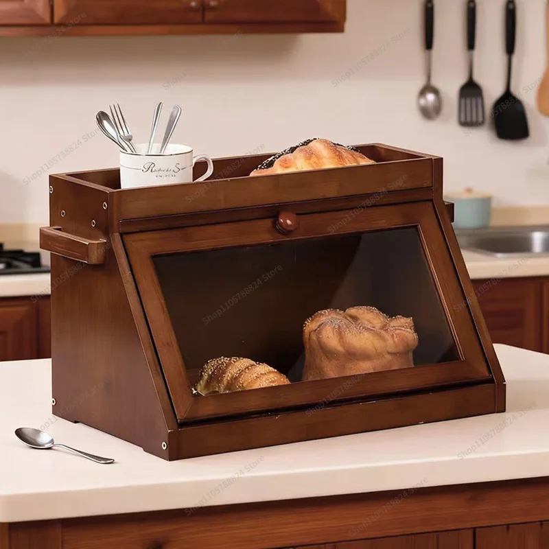 For Bamboo Bread Box Kitchen Countertop Locker Large Capacity Double Layer Flap Food Storage Box