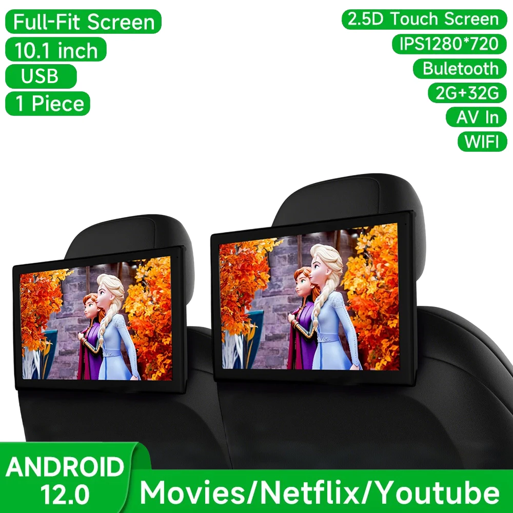 10.1 ''Android 12 Auto Hoofdsteun Monitor Ips Tv-Scherm Met Av Wifi Mirroring Wifi Carplay Auto Achterbank Scherm Videospeler