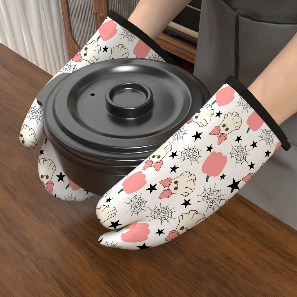 Halloween 2-Pack White Base Bow Tie Ghost And Little Radish, Oven Mitt - Non-Slip And Heat Resistant, Suitable for Kitchen