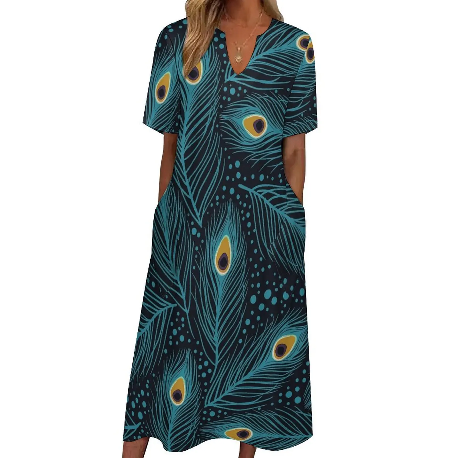 

Peacock Feathers Dress Animal Feather Modern Maxi Dress Fashion Boho Beach Long Dresses Spring V Neck Graphic Vestido Big Size