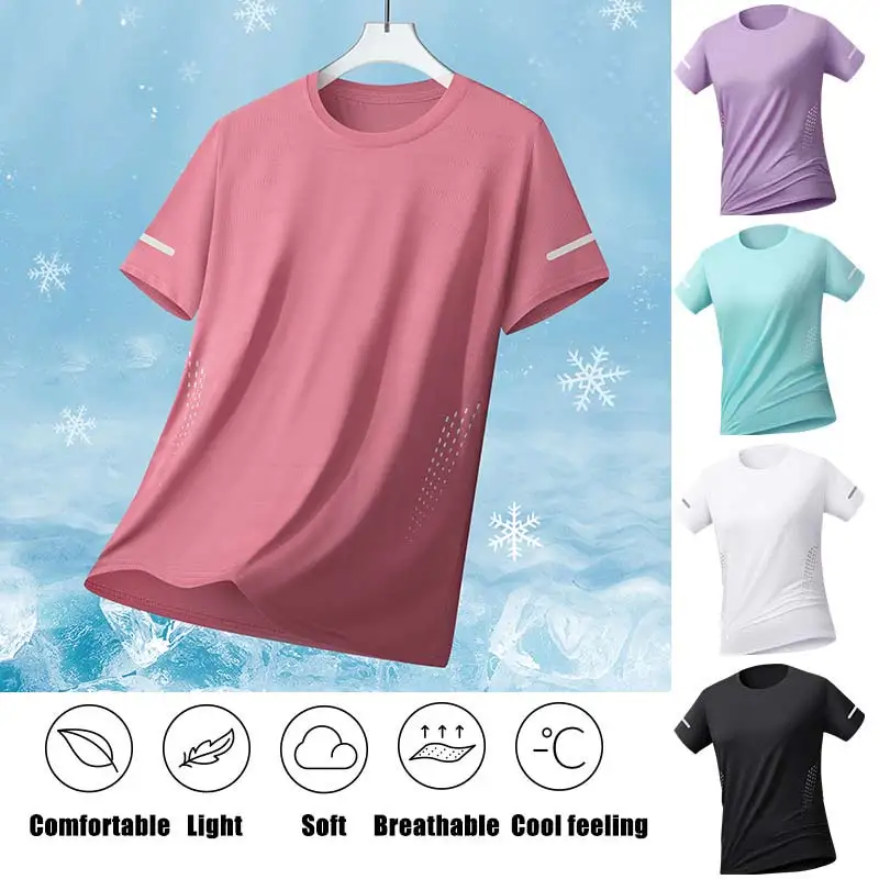 US/EU Size Women Mesh Short Sleeves Street Jogging Fitness Solid Color Breathable T-shirt Women Reflective Strip T-shirt