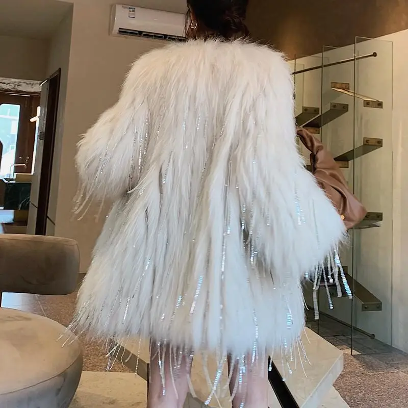 Y2KMink Tassel Raccoon Woven For Women, Rhinestone Coat, Mid To Long-Term, Lightweight, Slim Fitting, Real Fur, Win