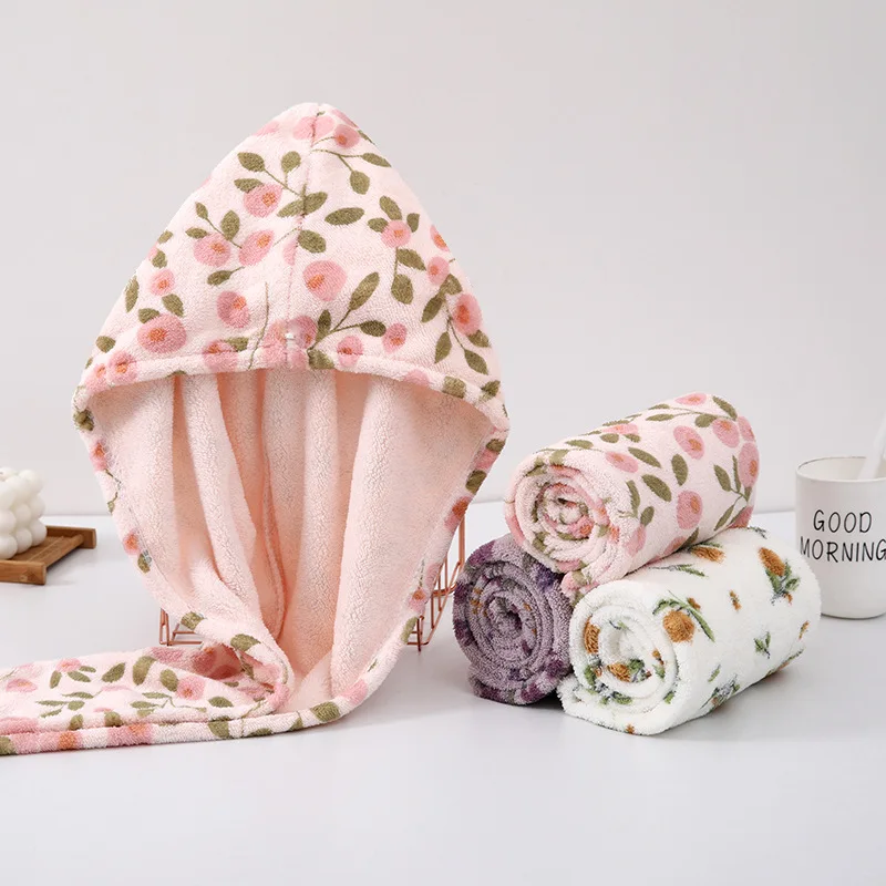 Home Coral Fleece Dry Hair Cap New Floral Dry Hair Towel Adult Absorbent Quick Drying Super Thick Shower Cap Bathroom Supplies