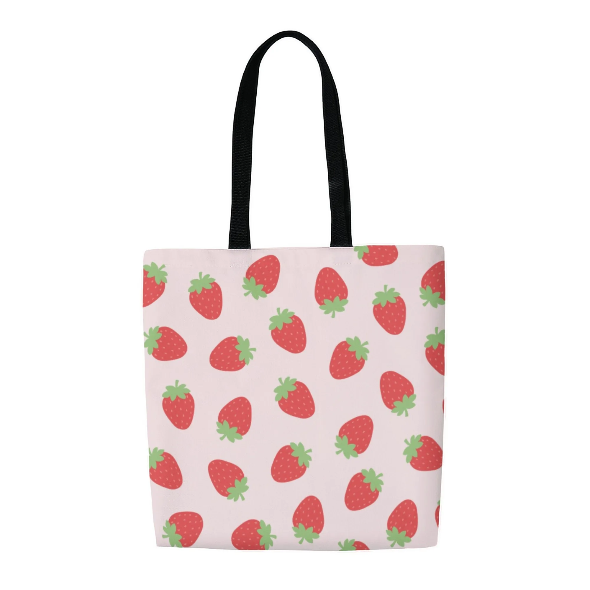 حقيبة يد قماشية متينة بطباعة فراولة للنساء حقيبة كتف مطبوعة باللون الوردي ذات سعة كبيرة حقيبة يد كاجوال قابلة لإعادة الاستخدام للسفر