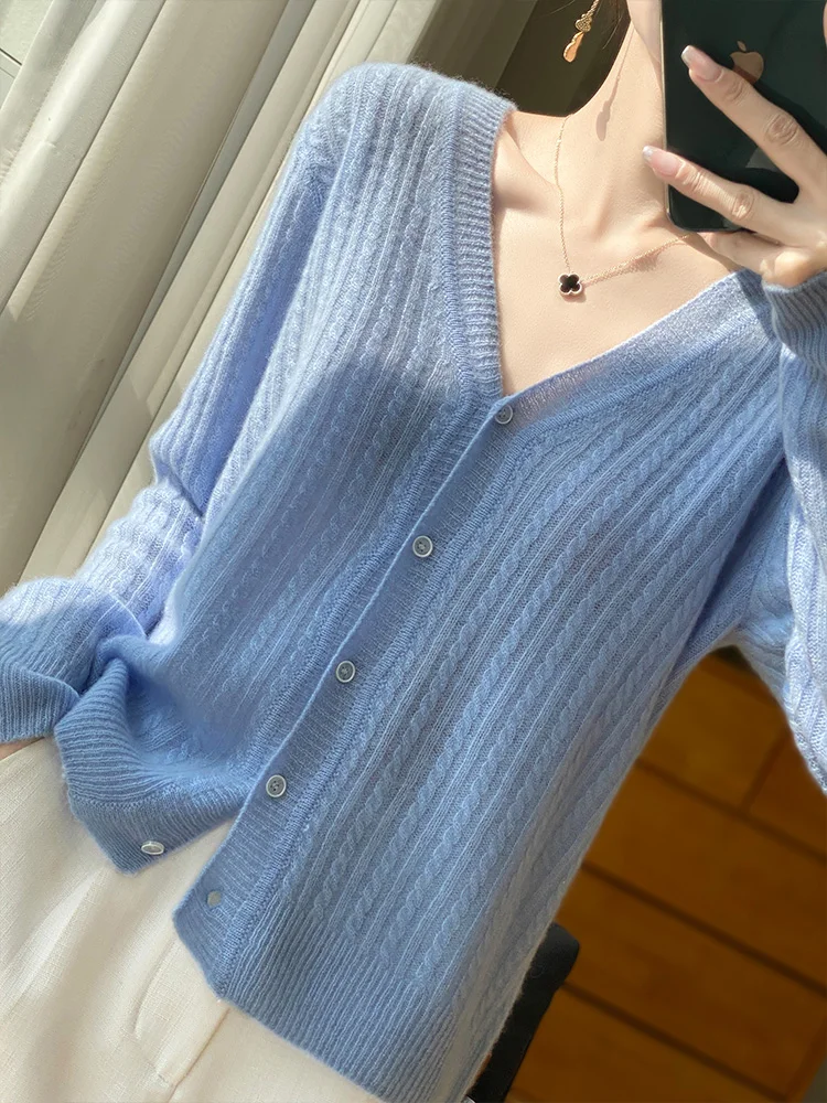 Cashmere Knitted 100% Merino Wool Fashion Long sleeved Top V-neck Cardigan Sweater Spring New Release