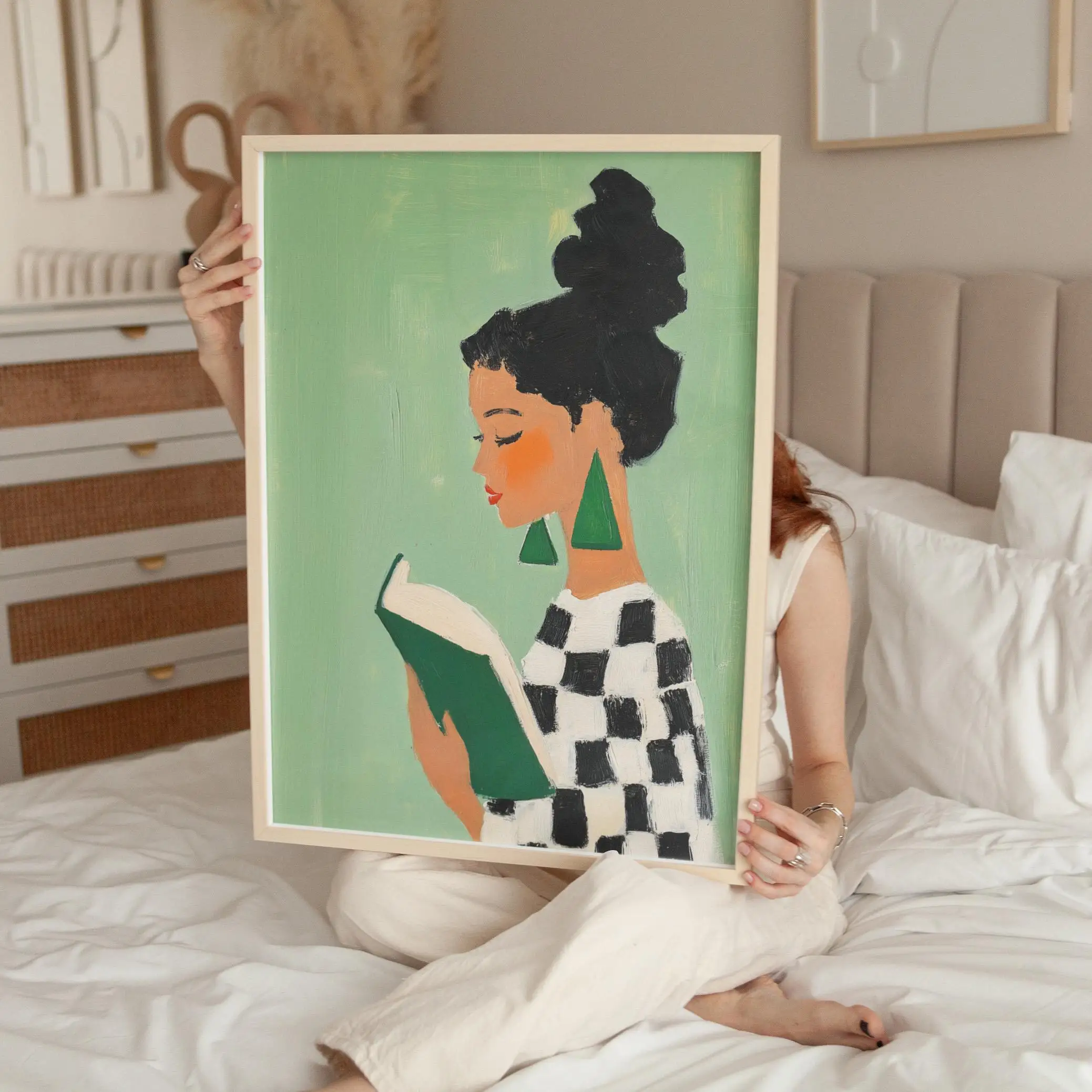Emerald Green Reading Girl Canvas Poster ,Wall Art Prints for Living Room Home Decor,no frame
