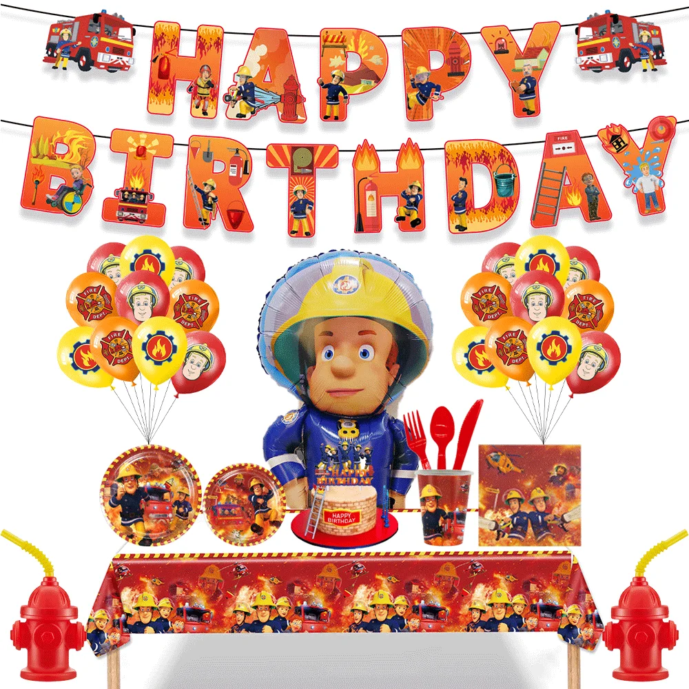 Fireman Sam Birthday Party Decoration Tableware Balloons Banner Fire Hydrant Straw Cups With Lids for Kids Firefighter Gift Boys