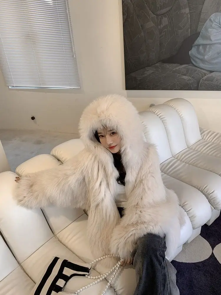 Thickened Warmer Hooded Fluffy Jacket Winter Women Fur Jacker Long Sleeve Pink White Blue Faux Fur Coat New