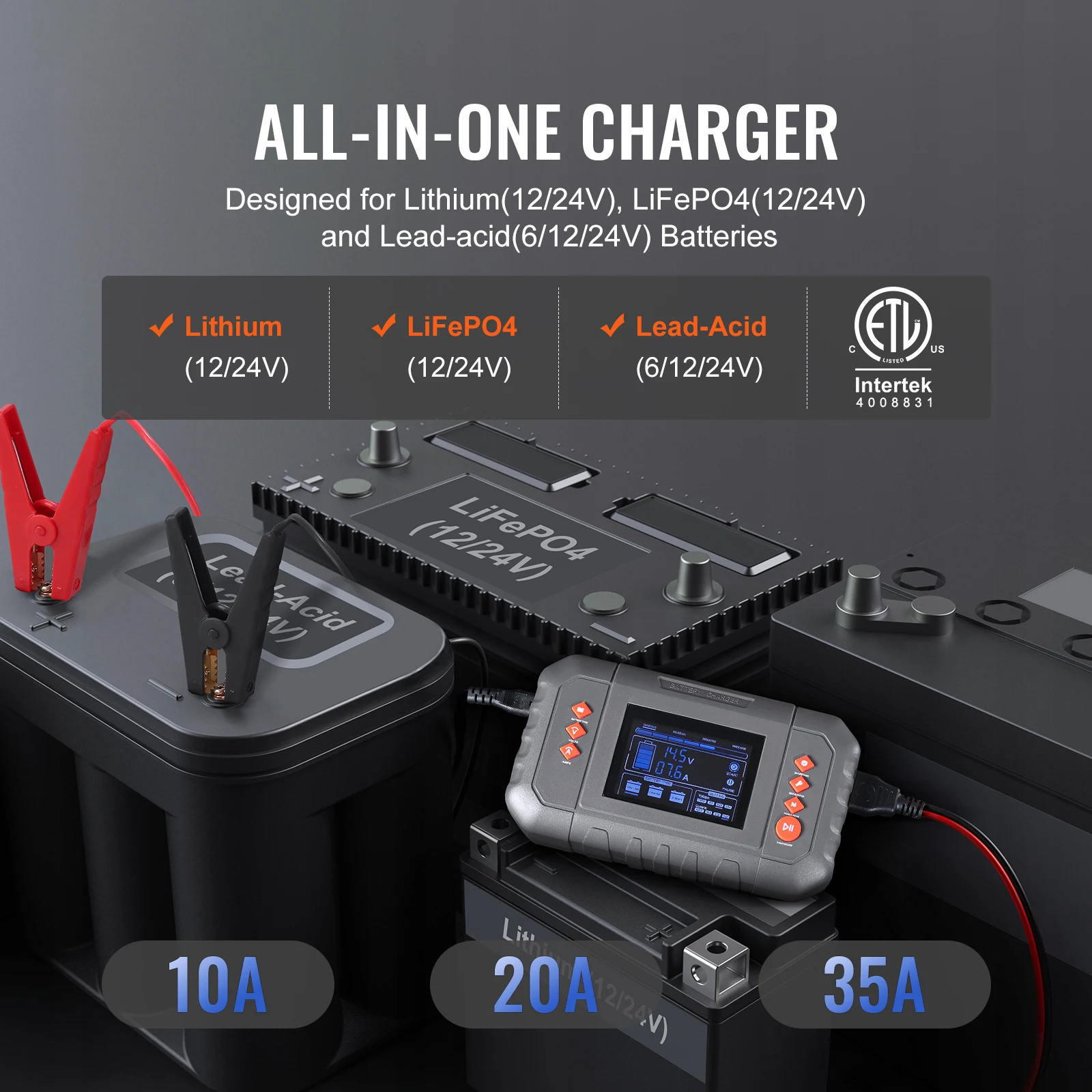 SucceBuy Smart Battery Charger 35-Amp Lithium LiFePO4 (AGM / Gel / SLA) with LCD Display Trickle Charger for Boat Motorcycle Use