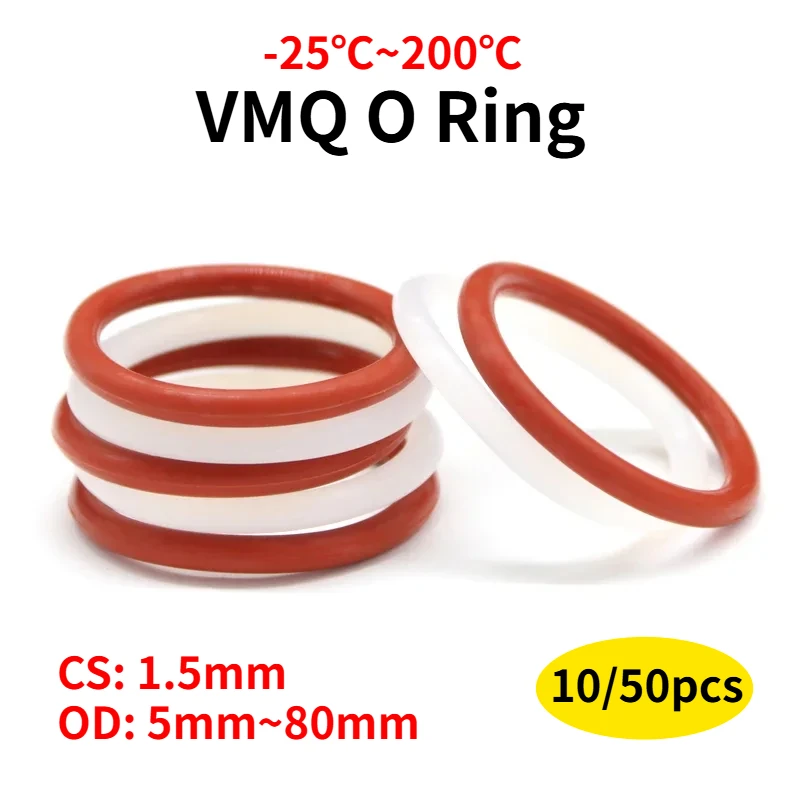 

10/50pcs White/Red VMQ Silicone O Ring Gasket CS 1.5mm OD 5~80mm Food Grade Waterproof Washer Round O Shape Rubber Silicone Ring