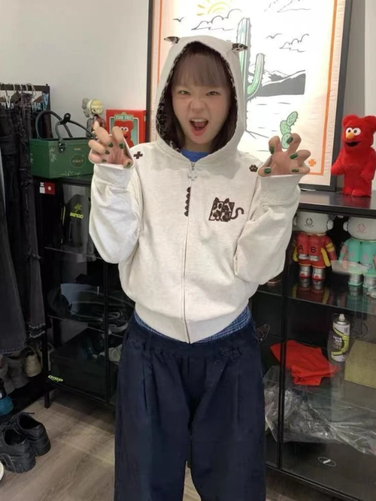 Deeptown Kawaii Zip Up Hoodies Women Japanese Style Vintage Leopard Print Sweatshirts Oversized Cute Embroidered Bunny Hoodies